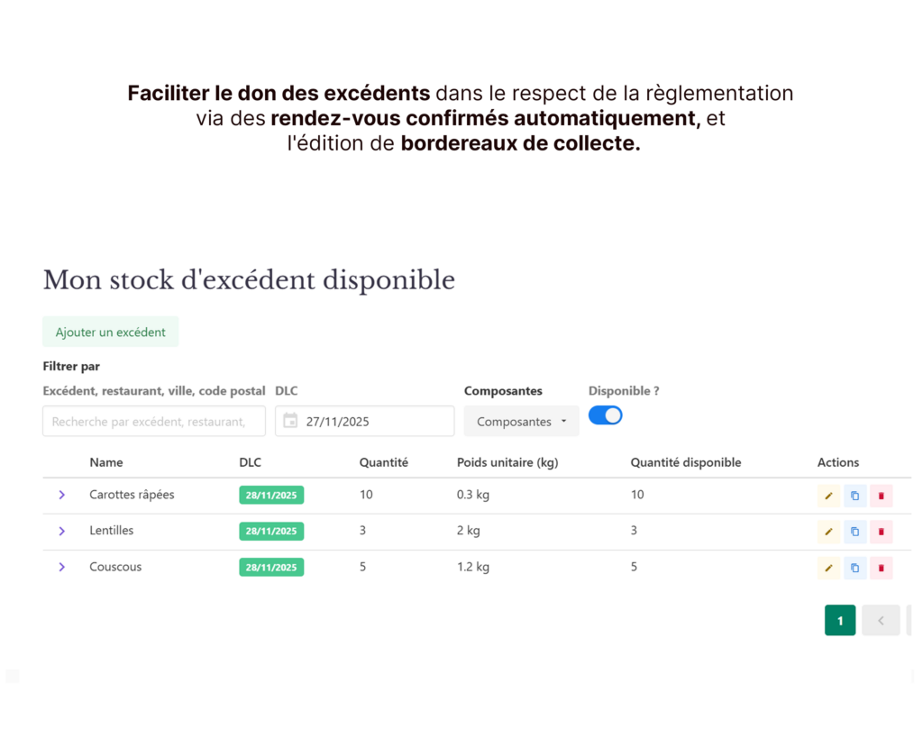 Interface Green-Menu pour faciliter le don des excédents dans le respect de la règlementation via des rendez-vous confirmés automatiquement, et l'édition de bordereaux de collecte.